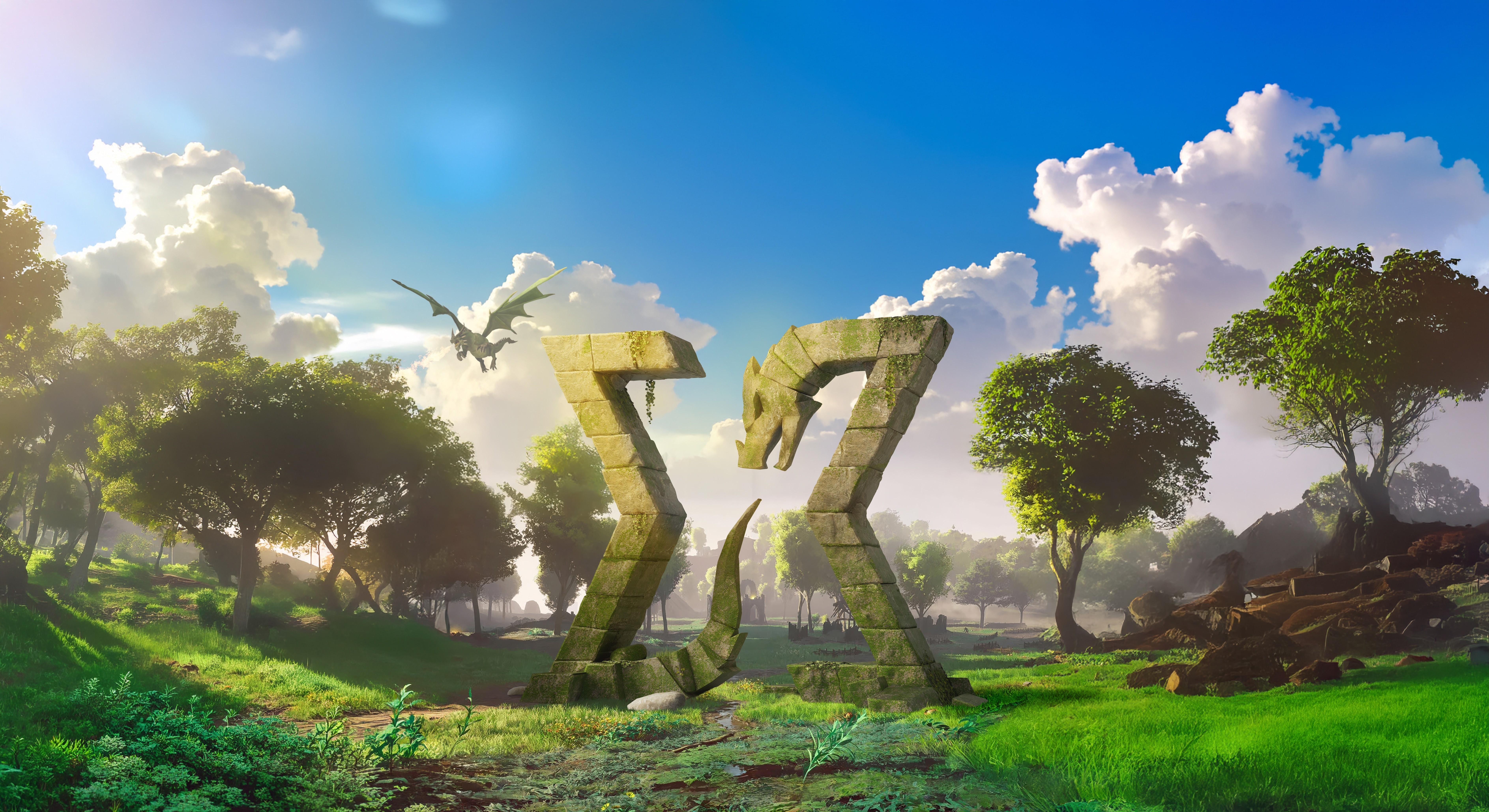 El paisaje de Ashenfall, con un arco de piedra entre bosques y un dragón sobrevolando las ruinas